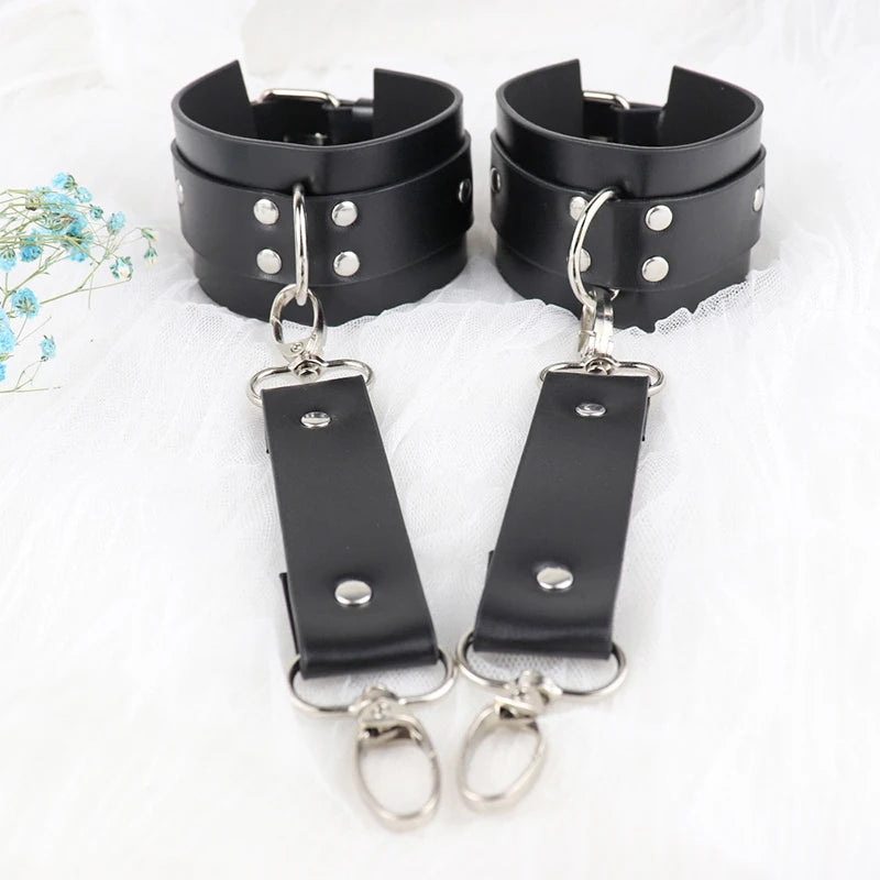 Women Crotchless Underwear PU Leather Handcuffs Garter Set Gothic Rave Sword BDSM Bondage Leg Harness Sexy Body Lingerie Garters